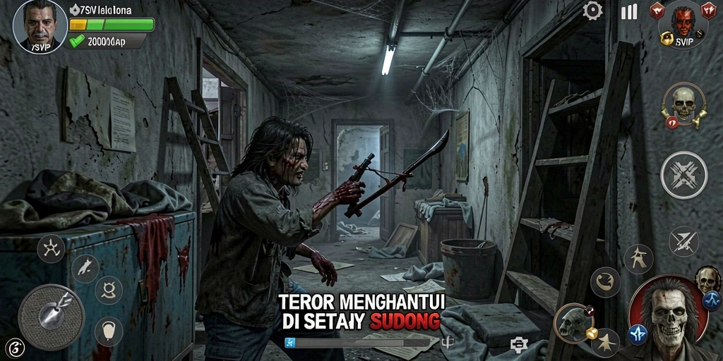 Screenshot gameplay 7SVIP menampilkan suasana menyeramkan dengan makhluk horor.