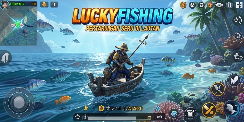 Screenshot LUCKYFISHING yang menunjukkan aksi memancing dan pertarungan.