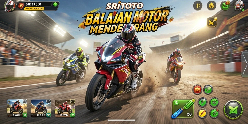 Gameplay SRITOTO yang menampilkan balapan motor yang seru.